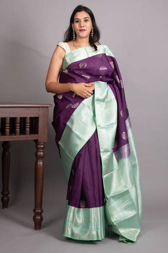 Violet and teal green pure kanjivaram silk saree
