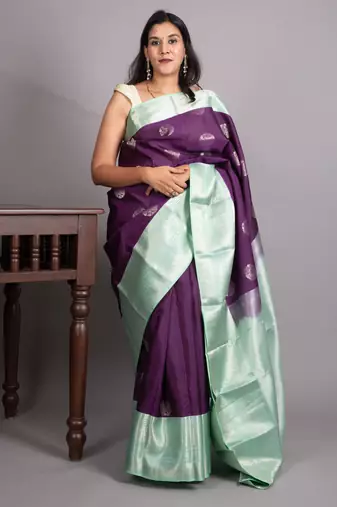 Violet and teal green pure kanjivaram silk saree