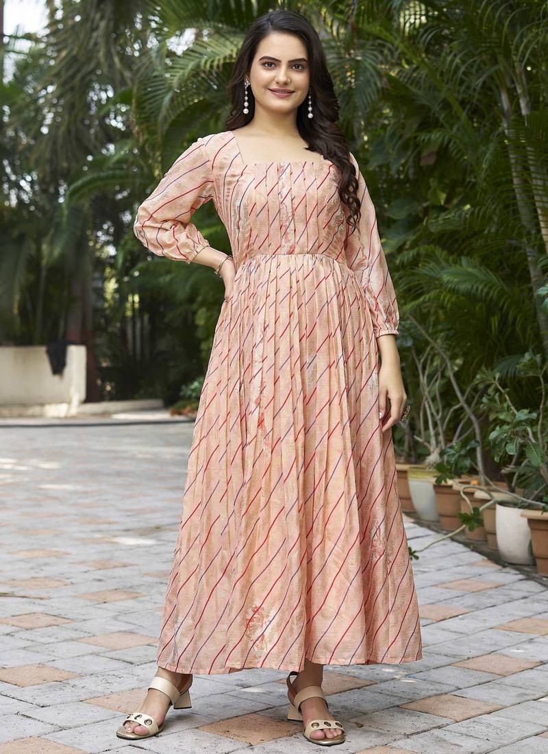 Women peach printed flared anarkali dress