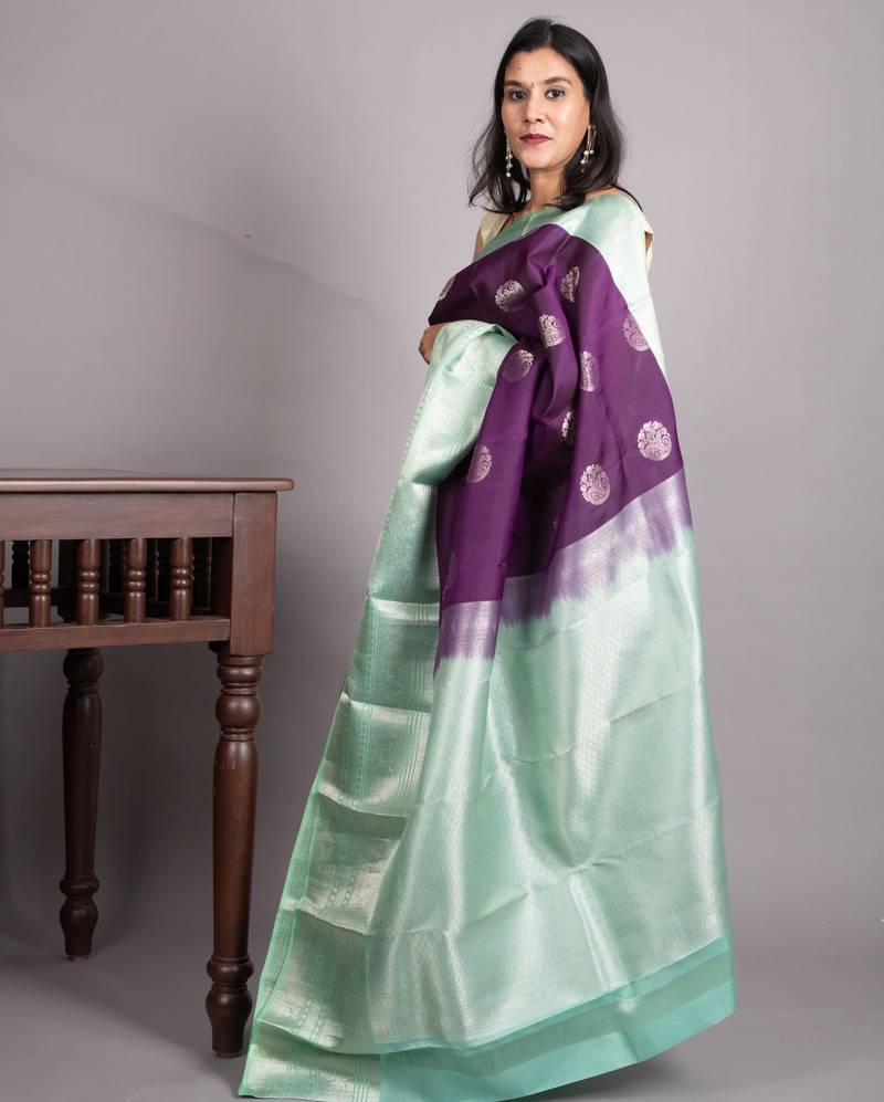 Violet and teal green pure kanjivaram silk saree