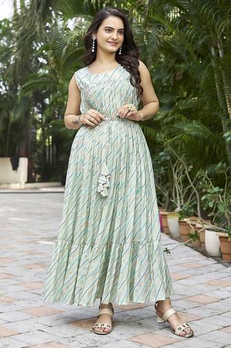 Women seagreen printed sleeveless flared maxi dress