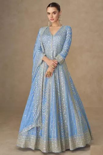 Light blue chinon silk gowns full size free size 