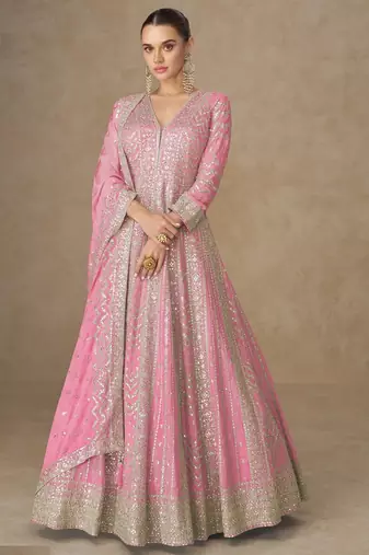 Light pink chinon silk gowns full size free size 