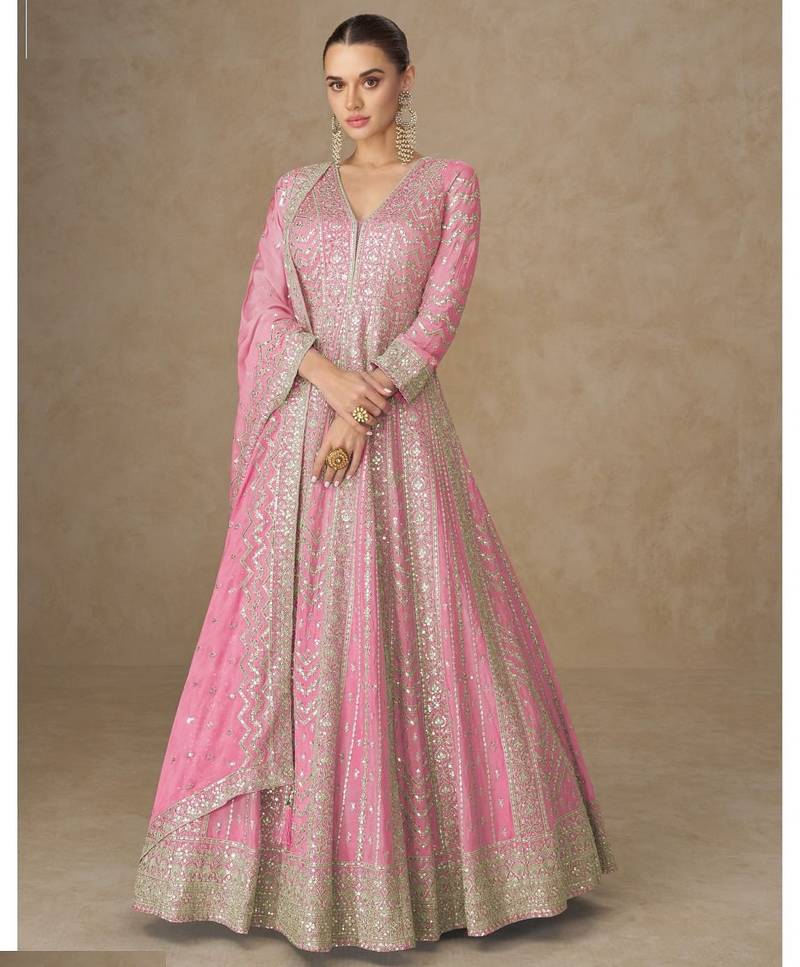 Light pink chinon silk gowns full size free size 