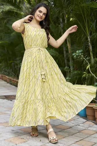 Women yellow printed sleeveless flared maxi dress