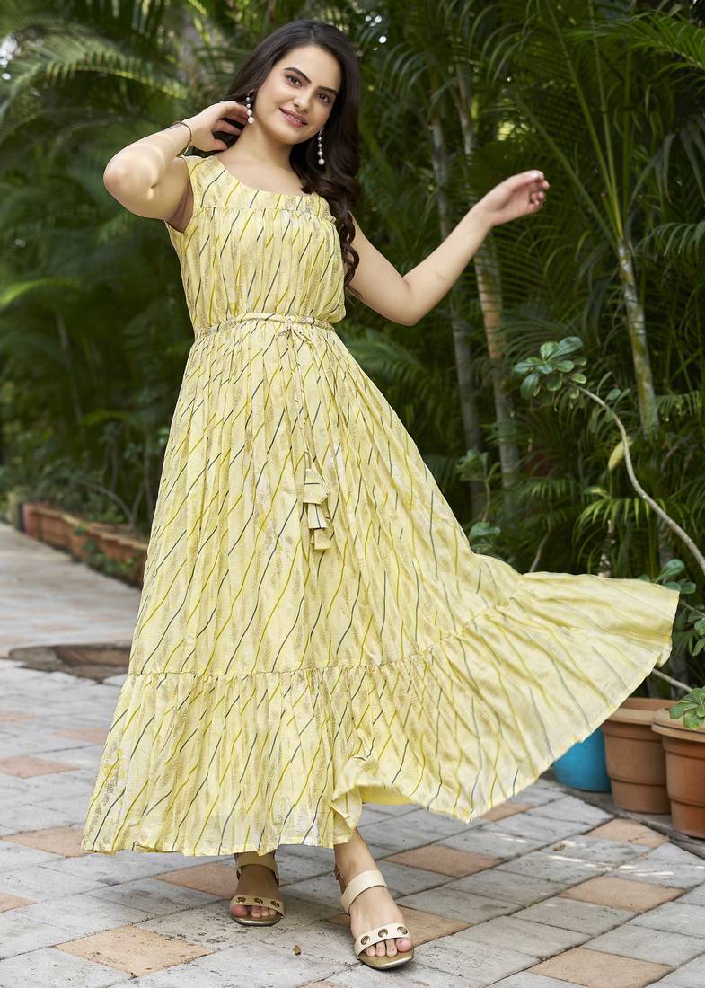 Women yellow printed sleeveless flared maxi dress