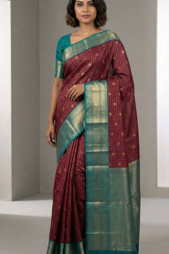 Maroon and teal green semi silk saree