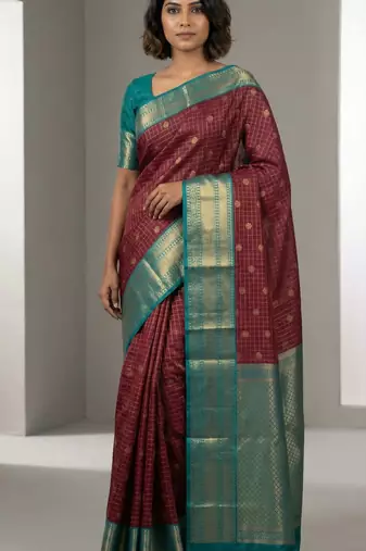 Maroon and teal green semi silk saree