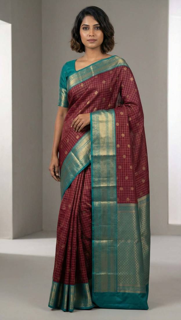 Maroon and teal green semi silk saree