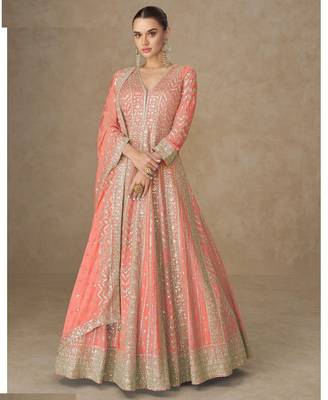 Light orange chinon silk gowns full size free size upto 42 1