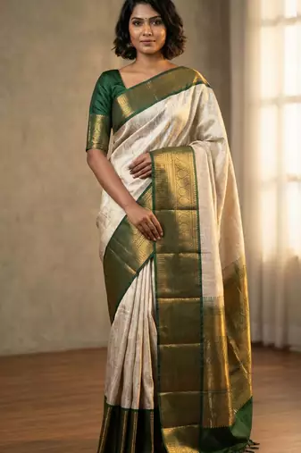Silver grey and forest green soft silk saree