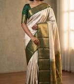 Silver grey and forest green soft silk saree