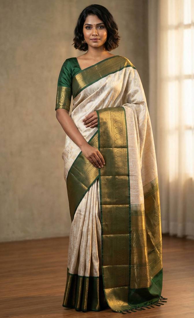 Silver grey and forest green soft silk saree