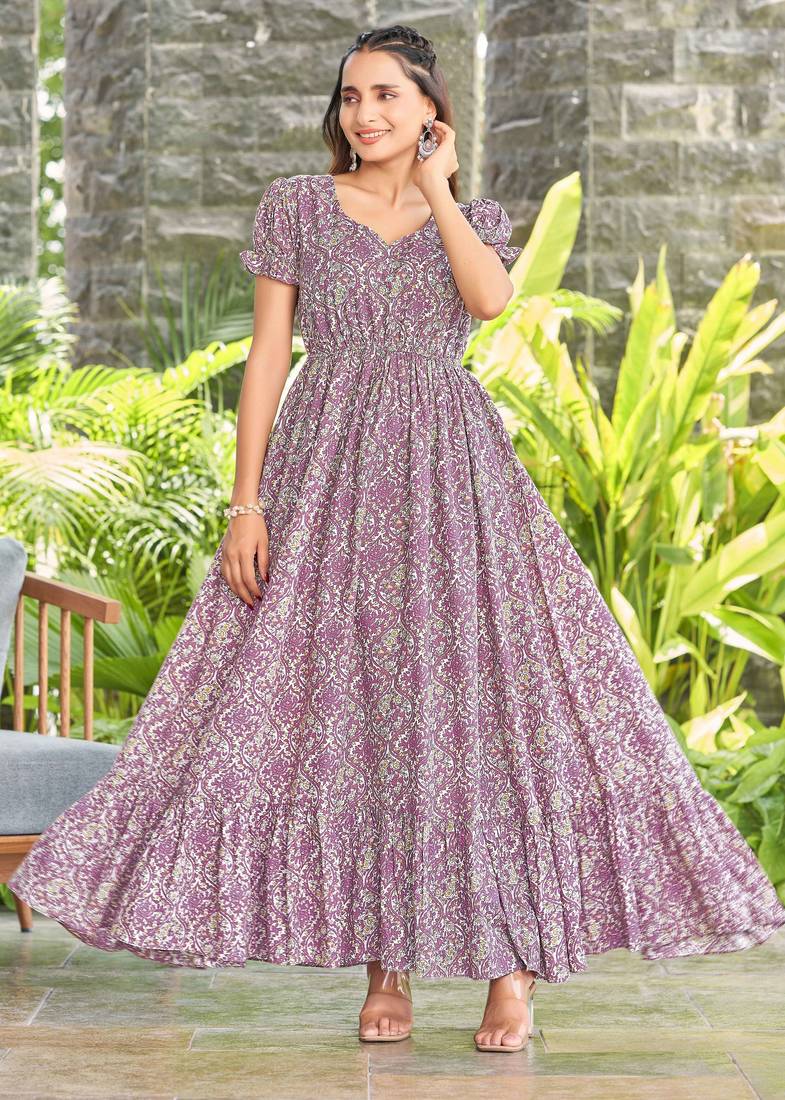 Women mauve floral printed flared maxi dress