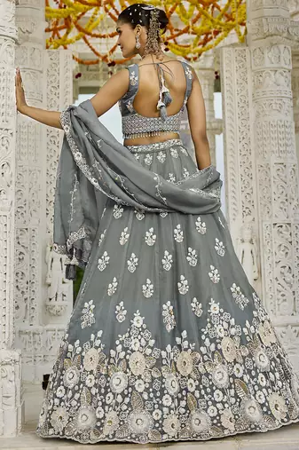 Gray Floral embroidered Lehenga Set with dupatta
