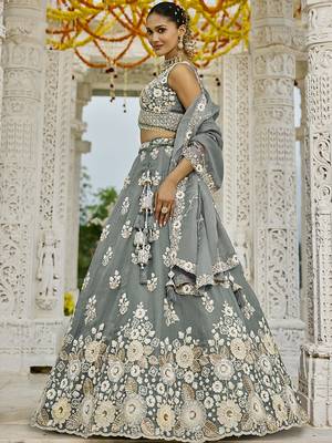 Gray Floral embroidered Lehenga Set with dupatta 3