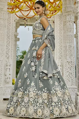 Gray Floral embroidered Lehenga Set with dupatta