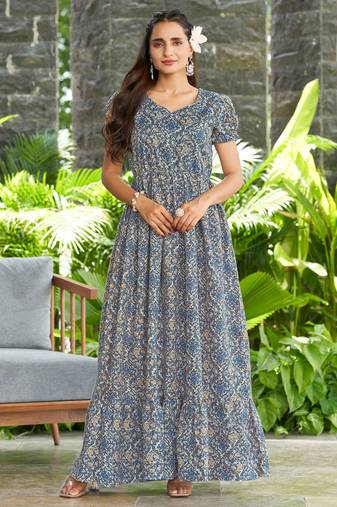 Women grey floral printed flared maxi dress