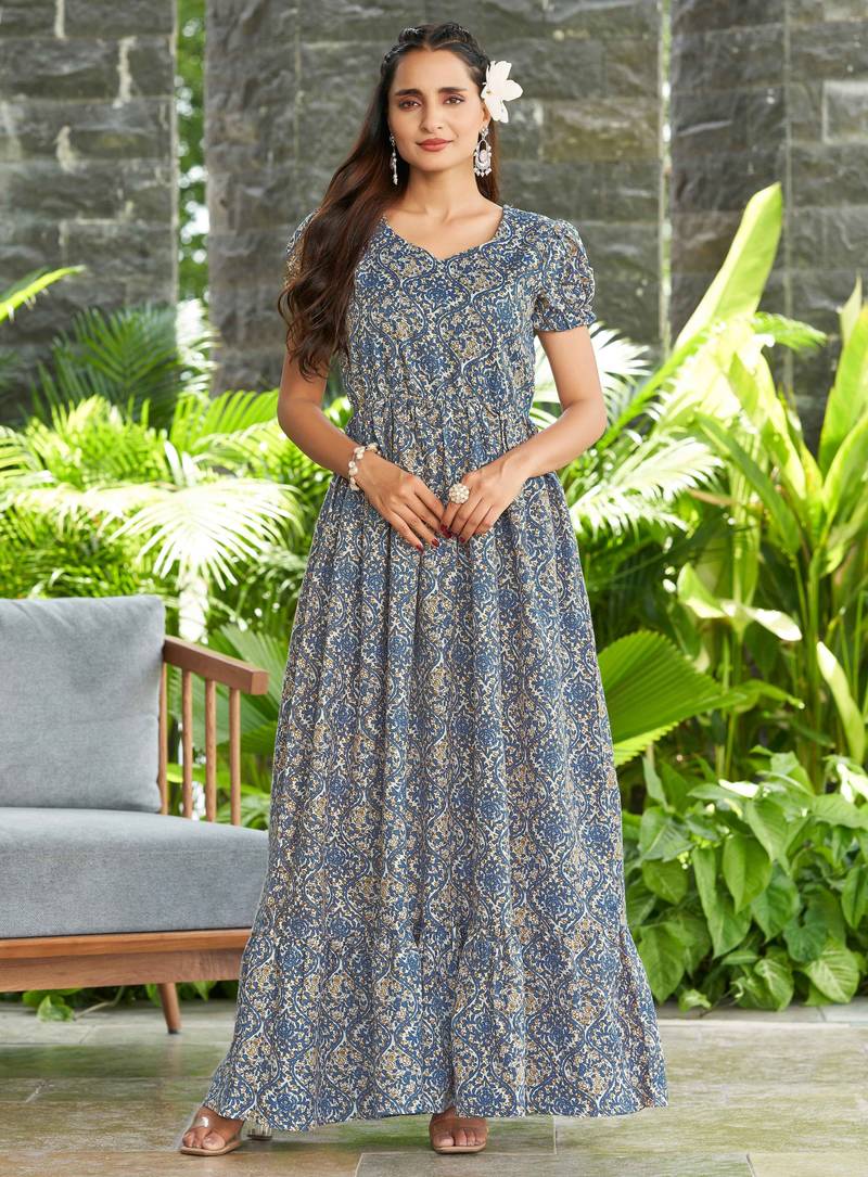 Women grey floral printed flared maxi dress