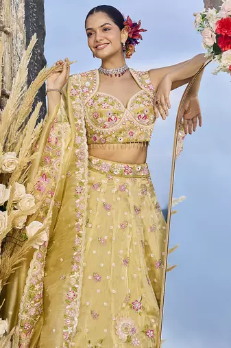 Yellow Embroidered Designer Lehenga choli set with sweetheart neckline