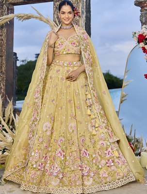Yellow Embroidered Designer Lehenga choli set with sweetheart neckline 1
