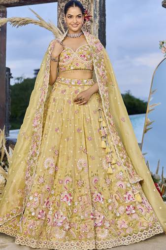 Yellow Embroidered Designer Lehenga choli set with sweetheart neckline