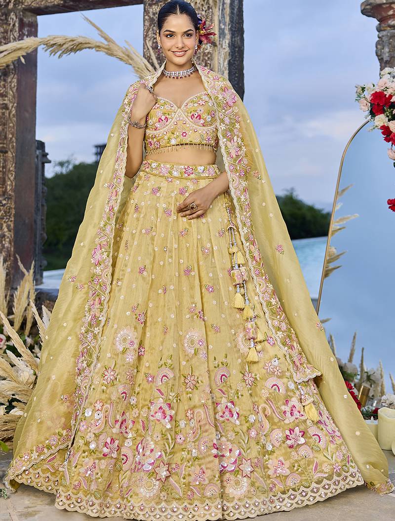 Yellow Embroidered Designer Lehenga choli set with sweetheart neckline