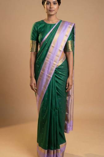 Pine green and pastel lavender retta patta border semi silk saree