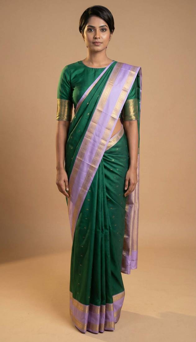 Pine green and pastel lavender retta patta border semi silk saree