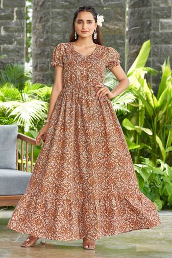 Women rust floral printed flared maxi dress