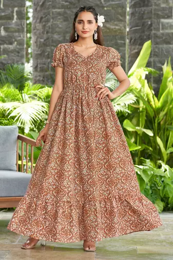 Women rust floral printed flared maxi dress