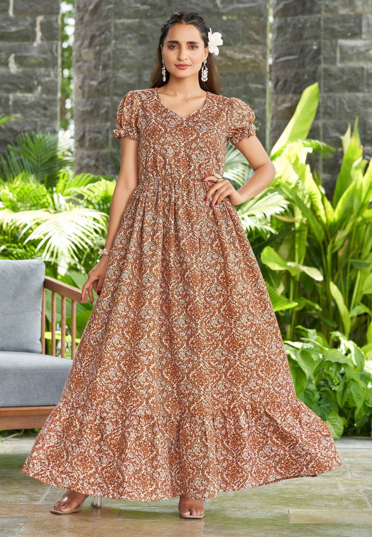 Women rust floral printed flared maxi dress