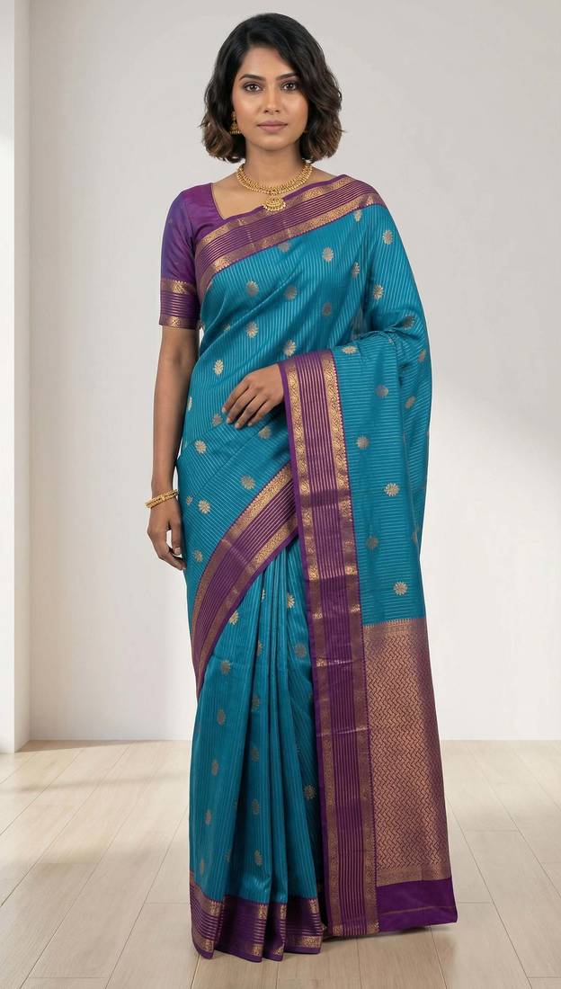 Peacock blue and purple soft silk saree
