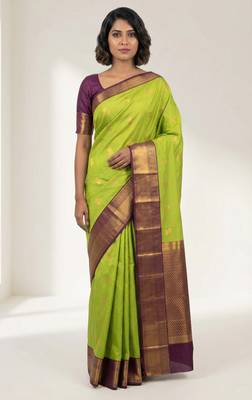 Pear green and brown semi silk saree 1