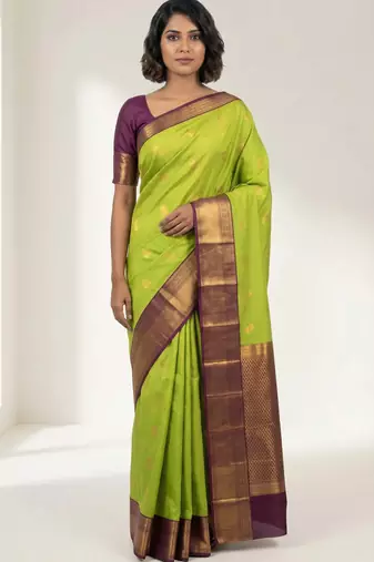 Pear green and brown semi silk saree