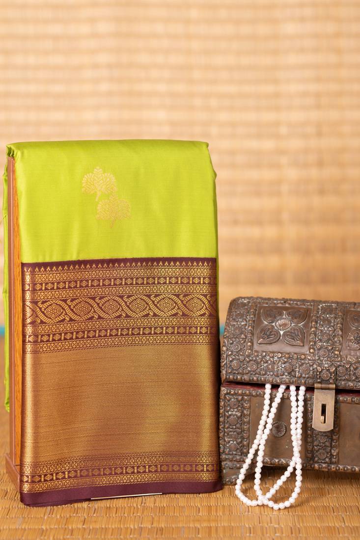 Pear green and brown semi silk saree