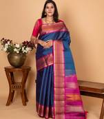Peacock blue and wildberry pink zero zari kanjivaram silk saree