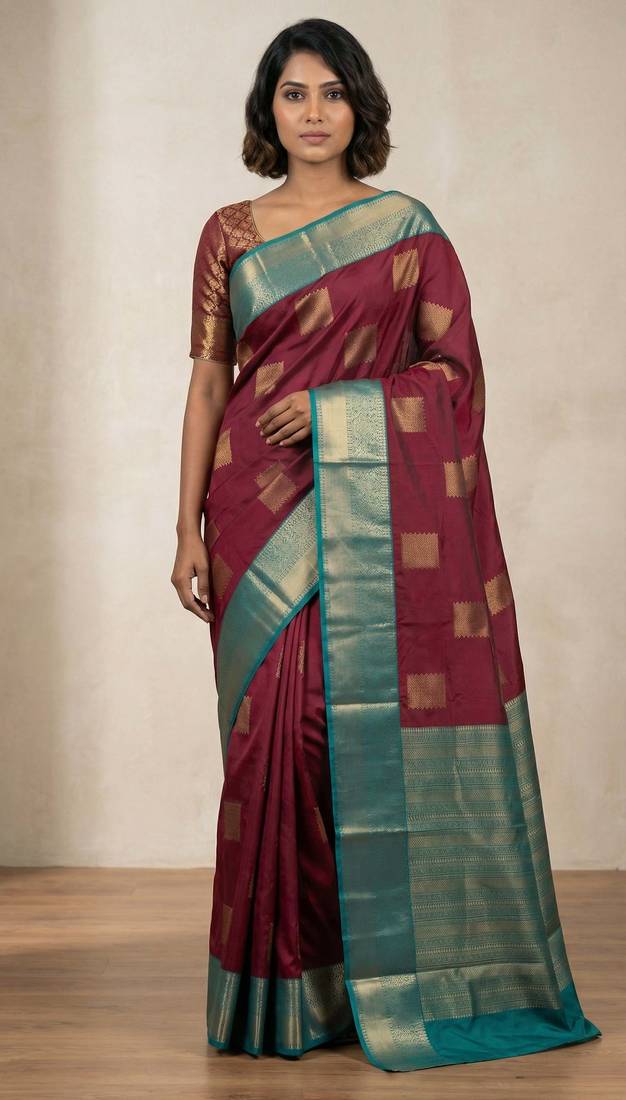 Maroon teal green semi silk saree
