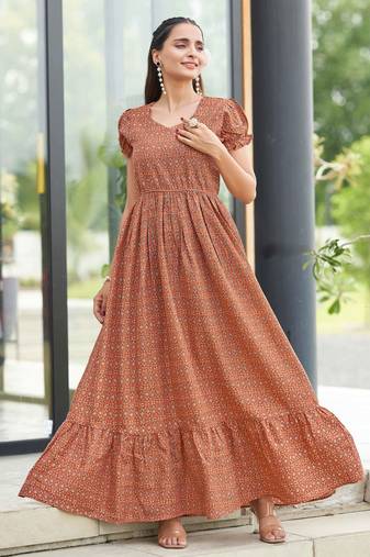 Women rust floral printed flared maxi dress
