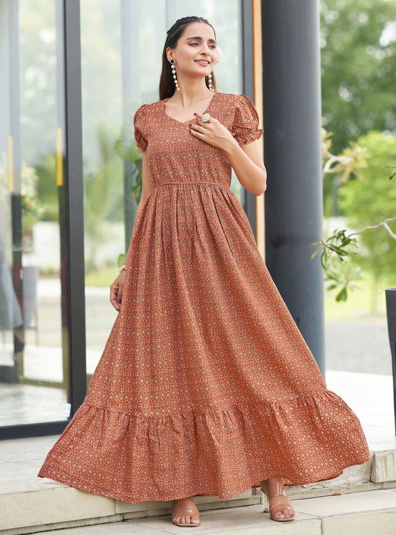 Women rust floral printed flared maxi dress