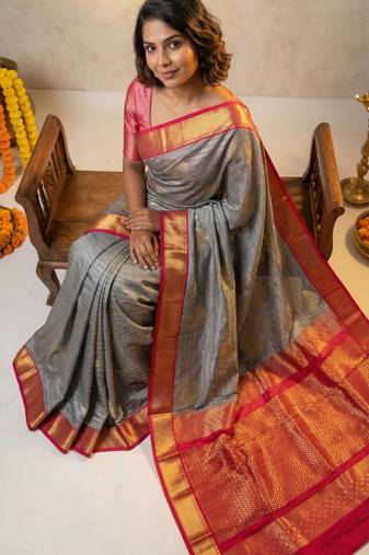 Ice grey and rani pink semi silk saree