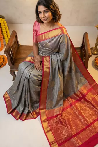 Ice grey and rani pink semi silk saree