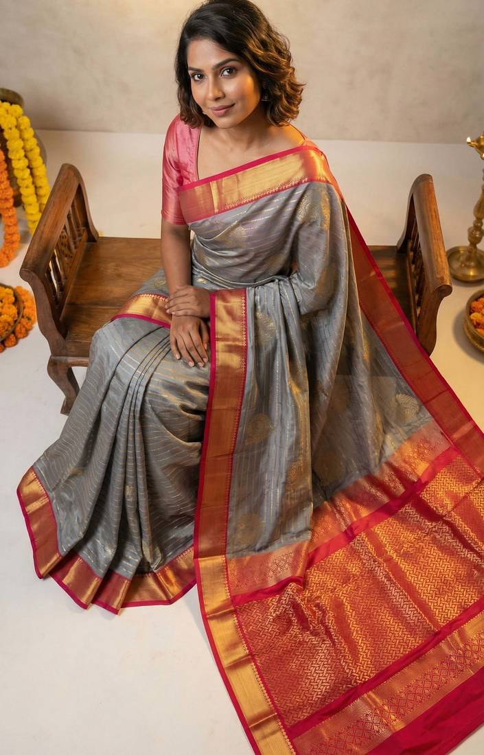 Ice grey and rani pink semi silk saree