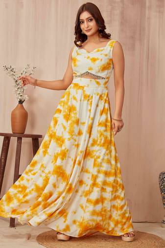 Women white tie-dye printed cut-out waist maxi dress