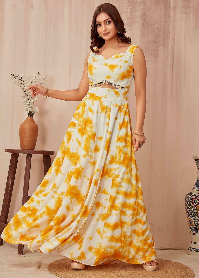 Women white tie-dye printed cut-out waist maxi dress