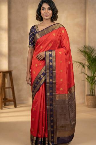 Neon orange and eggplant purple semi silk saree