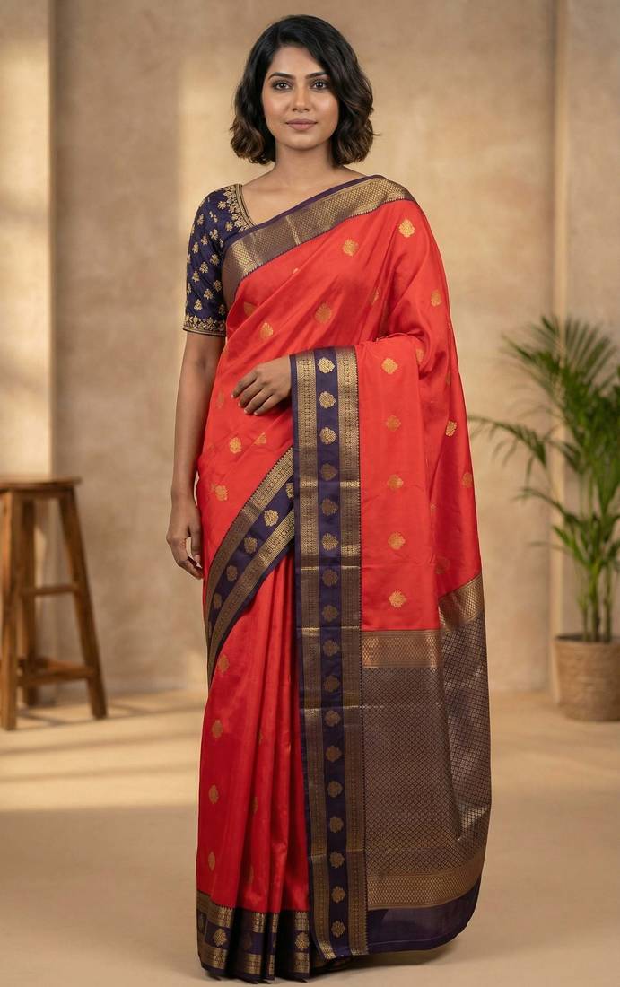 Neon orange and eggplant purple semi silk saree