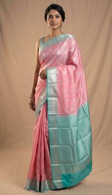 Fandango pink and cyan blue pure touch silk saree 1