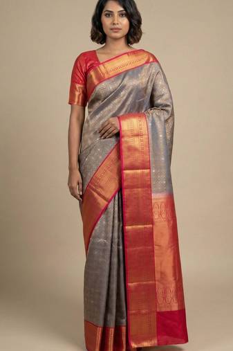Steel grey and rani pink pure touch silk saree