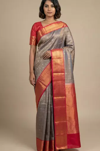 Steel grey and rani pink pure touch silk saree